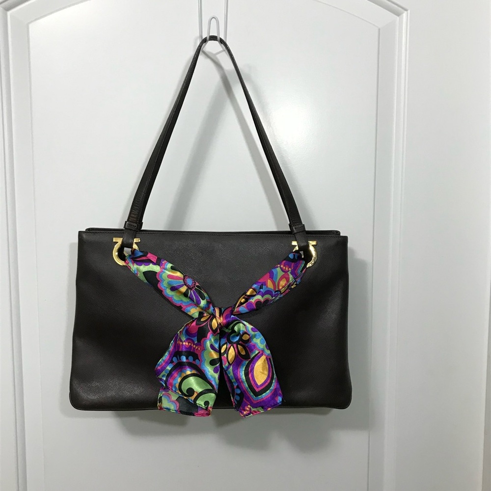 Salvatore Ferragamo Gancini Dark Brown Leather Tote Bag EUC